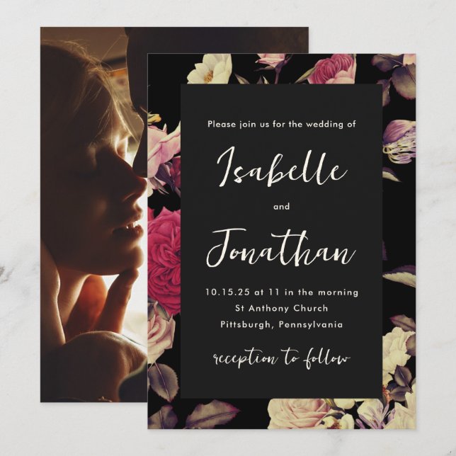Dramatische Moody-Floral-Foto-Hochzeit Einladung (Vorne/Hinten)