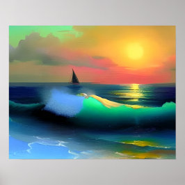 Dramatische Ozeanwellen und Sonnenuntergangsreflek Poster
