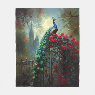 Dramatische Pfauengotik-Rote Rosen Fleecedecke