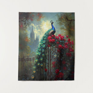 Dramatische Pfauengotik-Rote Rosen Wandteppich