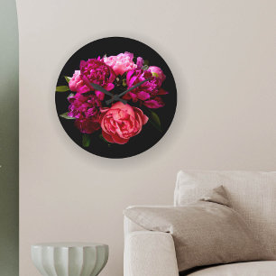 Dramatische rosa und violette Pfingstrosen Große Wanduhr