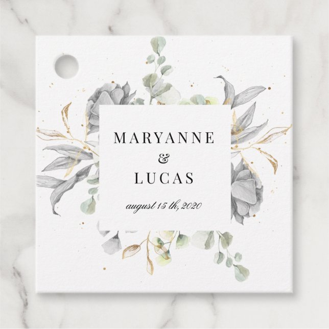 dramatische Silberblumen-Monogramm-Hochzeit Geschenkanhänger (Vorderseite)