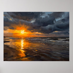 Dramatische Sonnenuntergangs-Ozean-Malerei Poster