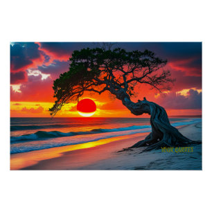 Dramatische Sonnenuntergangsbaum-Über-Ozean-Strand Poster