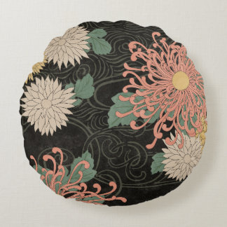 Dramatische Vintage-Japan-Chrysantheme Blumen Rundes Kissen