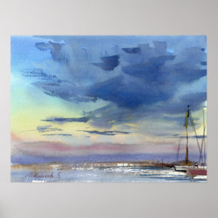 Dramatischer Küstenhimmel und Segelboote Aquarell Poster