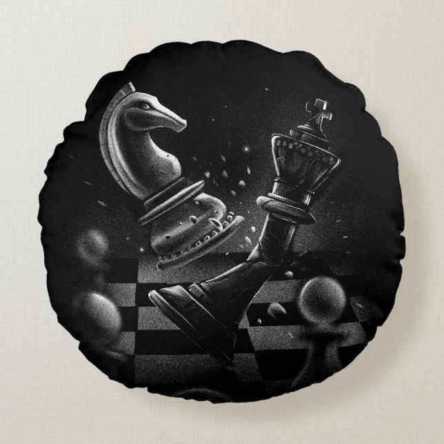 Dramatischer Schachkampf - Ritter gegen Pferd Rundes Kissen (Vorderseite)