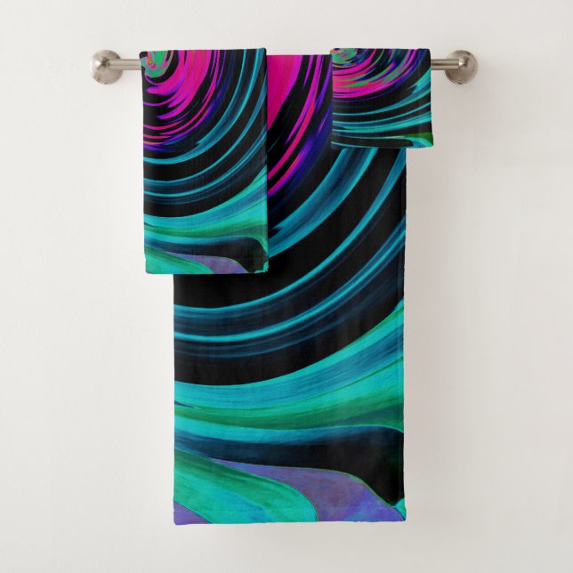Dramatischer Schwarz-Türkis-Abstrakter Retro-Twirl Badhandtuch Set (Insitu)