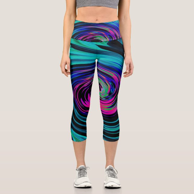 Dramatischer Schwarz-Türkis-Abstrakter Retro-Twirl Capri Leggings (Vorderseite)