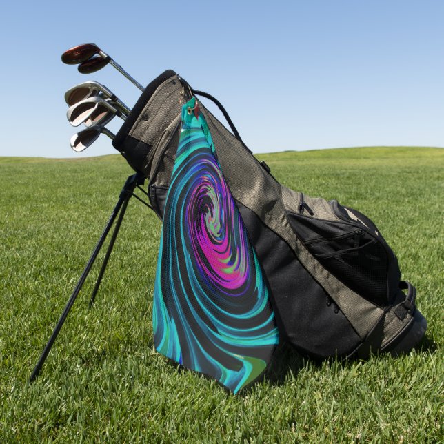 Dramatischer Schwarz-Türkis-Abstrakter Retro-Twirl Golfhandtuch (Gras)