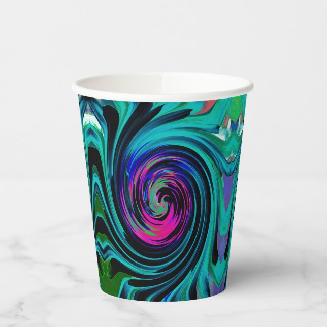 Dramatischer Schwarz-Türkis-Abstrakter Retro-Twirl Pappbecher (Links)