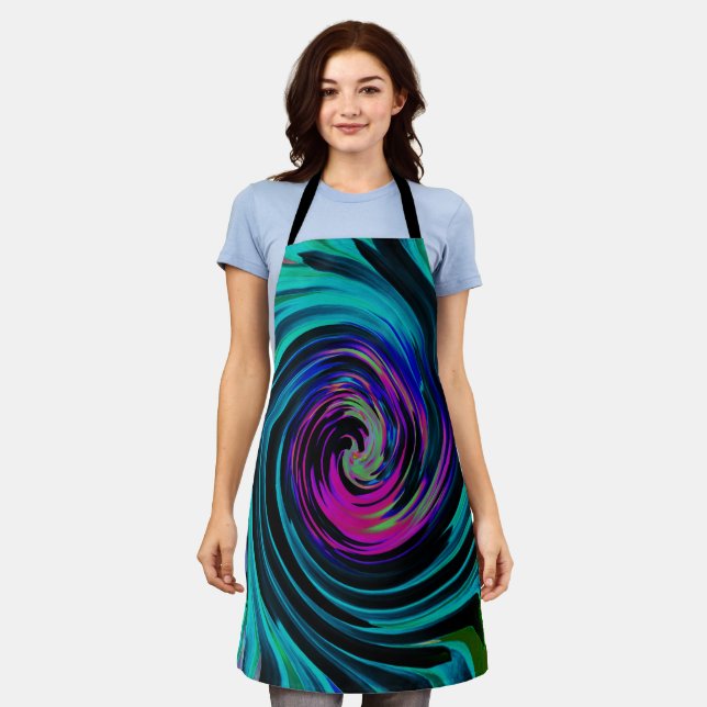 Dramatischer Schwarz-Türkis-Abstrakter Retro-Twirl Schürze (Getragen)