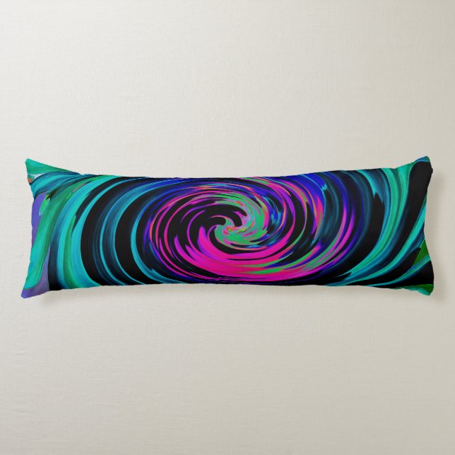 Dramatischer Schwarz-Türkis-Abstrakter Retro-Twirl Seitenschläferkissen (Vorderseite)