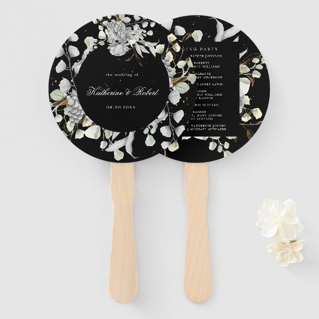 Dramatischer Silberblumen-Hochzeitsprogramm Hand F Fächer (Vorne und Hinten)