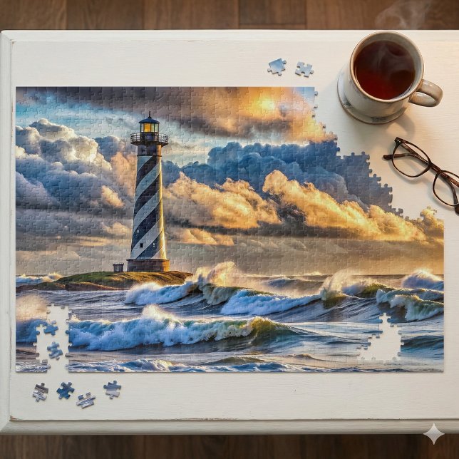 Dramatisches Leuchtturm Seascape mit Sturmwellen Puzzle (Dramatic Lighthouse Seascape with Stormy Waves Jigsaw Puzzle Mockup A)