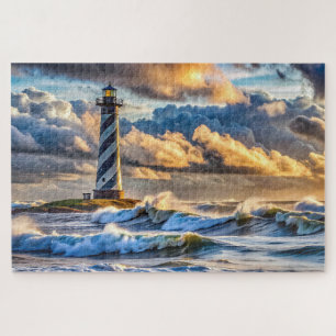 Dramatisches Leuchtturm Seascape mit Sturmwellen Puzzle