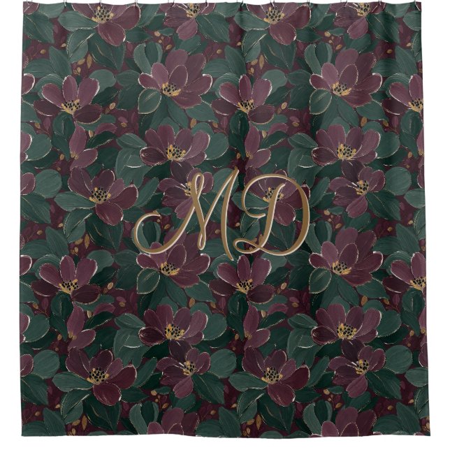 Dramatisches Marine- und Waldgrün-Blumenmuster  Duschvorhang (Vorderseite)
