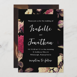 Dramatisches Moody-Floral-Foto Hochzeit Schwarz Einladung