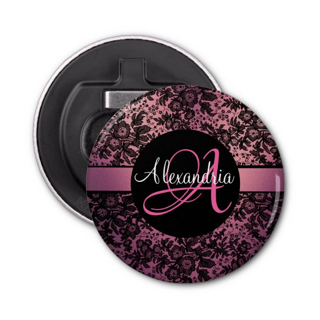 Dramatisches Schwarz-Blütenrosa-Monogramm Flaschenöffner (Vorderseite)