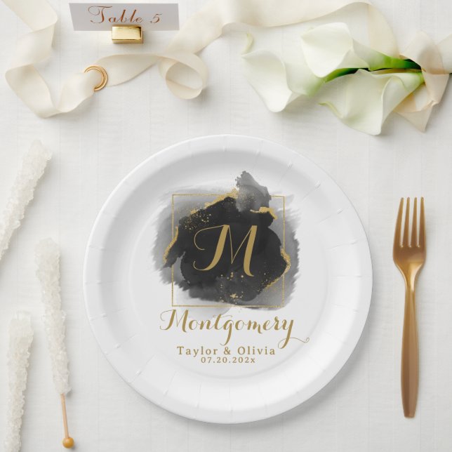 Dramatisches Schwarz-Gold-Hochzeitsmonogramm Pappteller (Hochzeit)