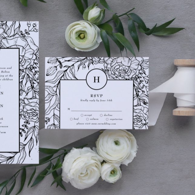 Dramatisches Schwarzes Monogramm-Wraath RSVP Karte (RSVP showcasing suite - additional items (bought separately))