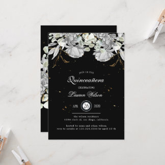 Dramatisches Silver Gold Floral Quinceanera Einladung