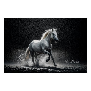 Dramatisches weißes Pferd galoppiert im Regen Poster