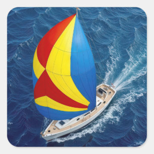 Draufsicht auf eine Segelyacht mit Spinnaker Quadratischer Aufkleber
