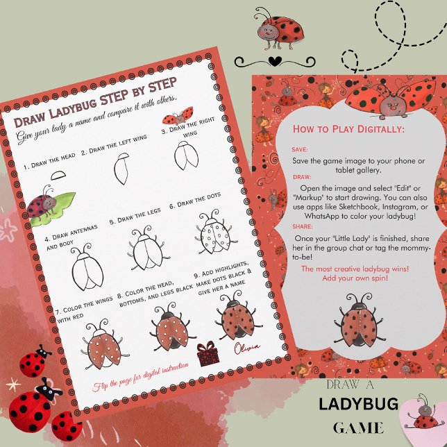 Draw a Ladybug Baby Shower Game | Digital & Print Einladung (Draw a Ladybug Baby Shower Game  Digital & Print Invitation)