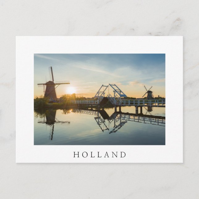 Drawbridge und Windmühlen bei Sonnenuntergang in H Postkarte (Vorderseite)