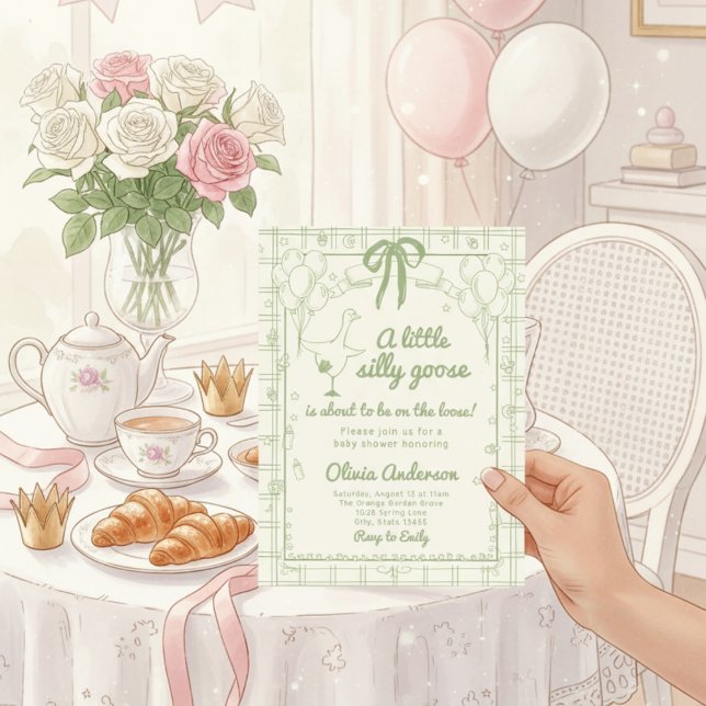 Drawn Silly Goose green Gingham Ribbon Baby Shower Einladung (Von Creator hochgeladen)
