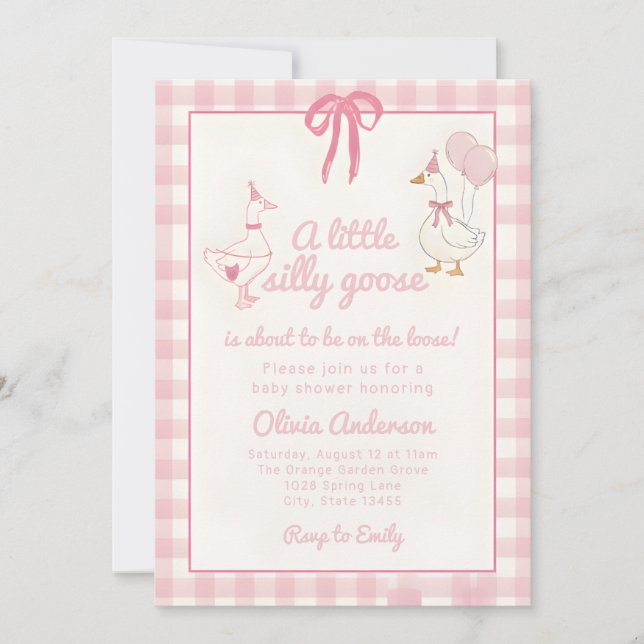 Drawn Silly Goose pink Gingham Ribbon Baby Shower Einladung (Vorderseite)