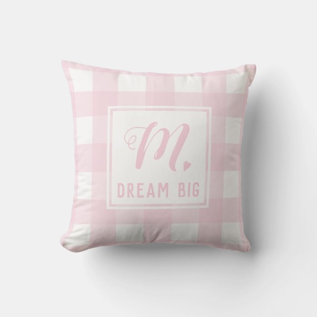 Dream Big Baby Pink Monogram Extra Large Gingham Kissen (Vorderseite)