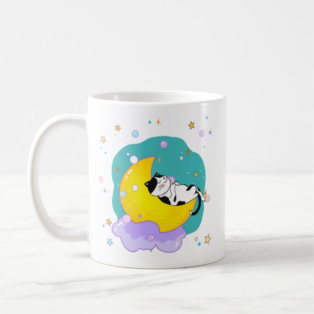 "Dream Big" Cat Sleep on Moon Inspiration Zitat Kaffeetasse (Links)