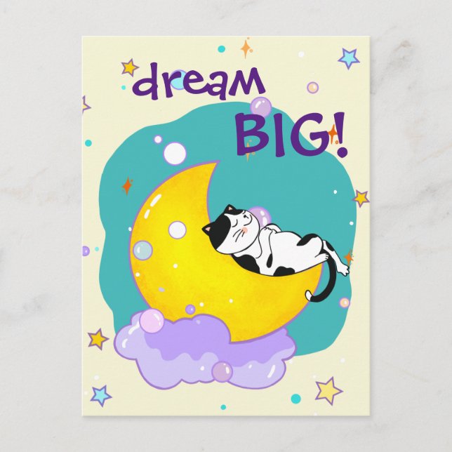 "Dream Big" Cat Sleeping on Moon Pet Lover Postkarte (Vorderseite)