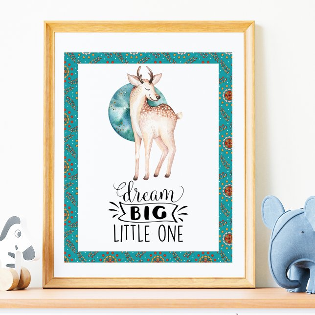 Dream Big Deer Boho Blue Border Kinderzimmer Art P Poster (Von Creator hochgeladen)