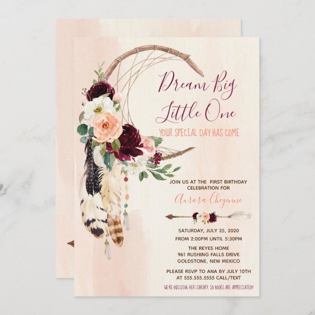 Dream Big Peach & Burgundy Boho Erster Geburtstag Einladung (Vorne/Hinten)