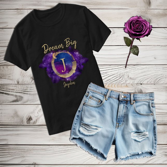 Dream Big Space Galaxy Metallic Gold Monogram Name T-Shirt (Von Creator hochgeladen)