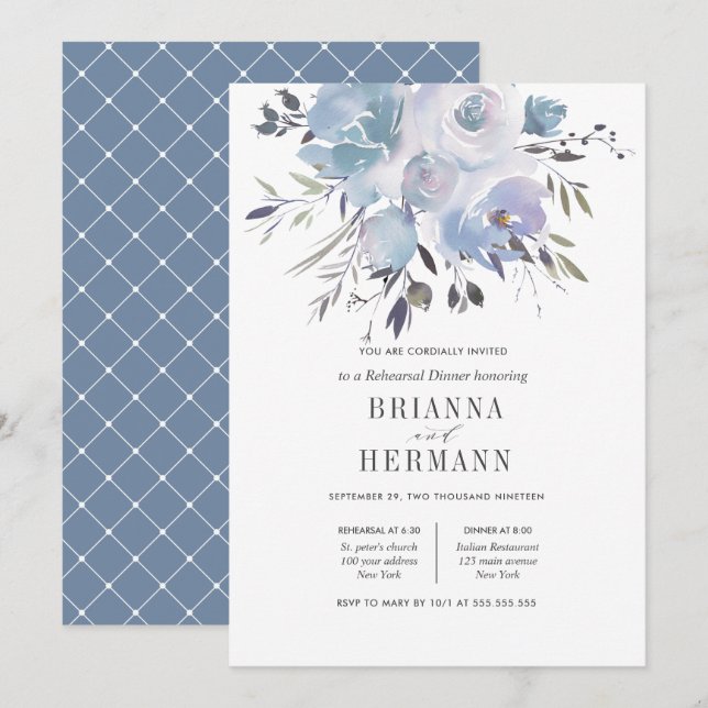 Dream Blue | Blume Hochzeitsessen Probe Einladung (Vorne/Hinten)