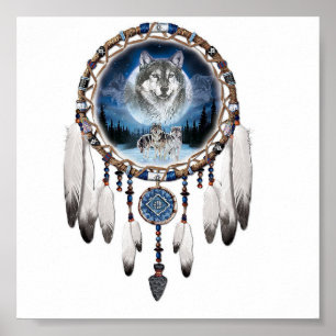 Dream Catcher mit Wolfshintergrund Poster