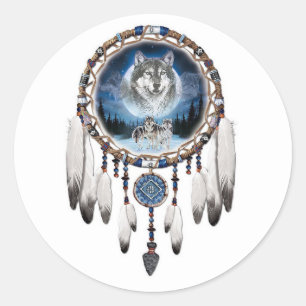 Dream Catcher mit Wolfshintergrund Runder Aufkleber