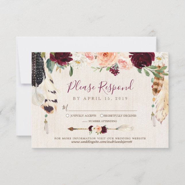 Dream Catcher Moon Peach & Burgundy Boho Wedding RSVP Karte (Vorderseite)