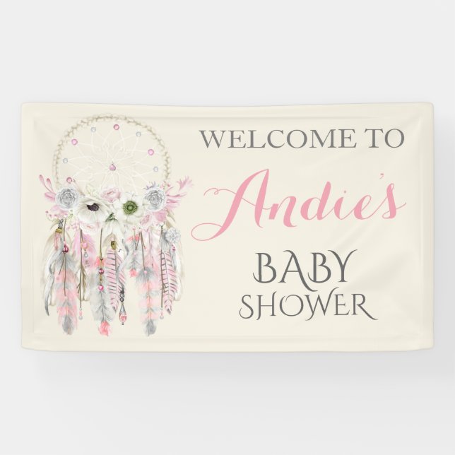 Dream Catcher Pink Gray Elvory Feathers Banner (Horizontal)