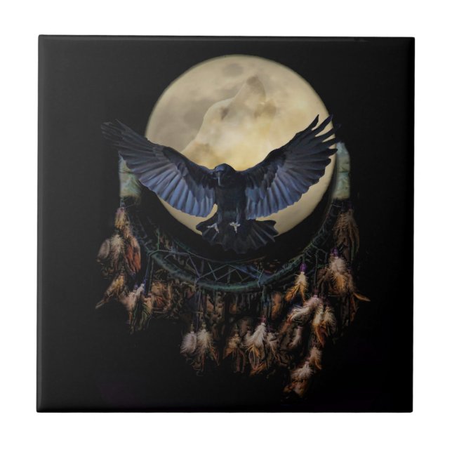 Dream Catcher Raven und Wolf Moon Fliese (Vorderseite)
