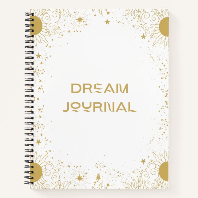 Dream Journal - Gold und Weiße Sonne und Sterne Notizbuch (Vorderseite)
