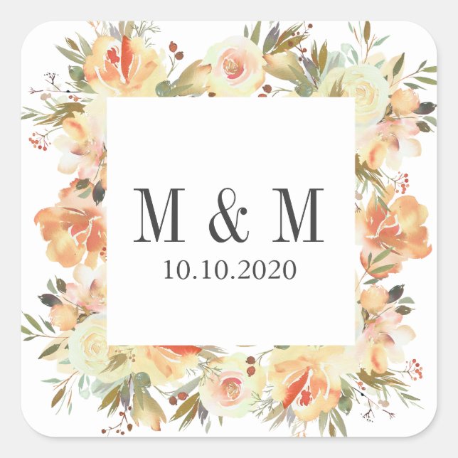 Dream Peach Botanical Frame Wedding Monogram Quadratischer Aufkleber (Vorderseite)