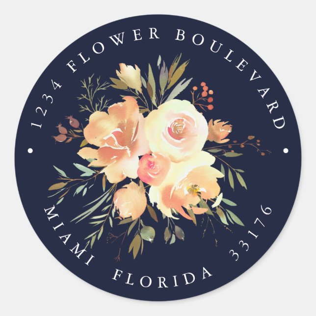 Dream Peach Navy Hochzeit Botanische Rücksendeadre Runder Aufkleber (Vorderseite)