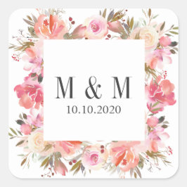 Dream Pink Botanical Frame Wedding Monogram Quadratischer Aufkleber