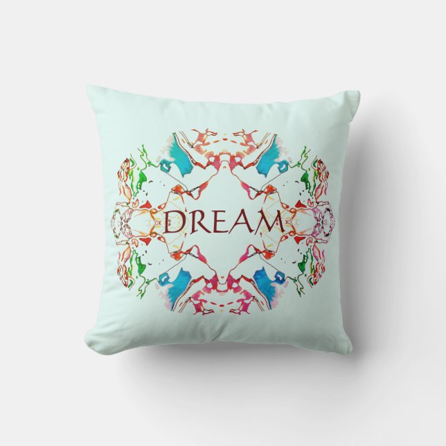 "Dream" Red Blue Green Burgundy Mandala auf Aqua Kissen (Vorderseite)