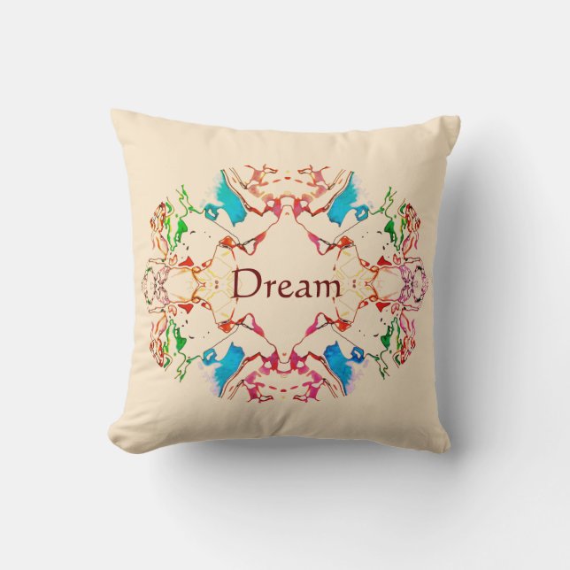 "Dream" Red Blue Green Burgundy Mandala auf Beige  Kissen (Vorderseite)